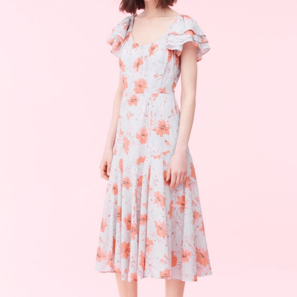 Rebecca Taylor Gray and Orange Ruffle Midi Dress